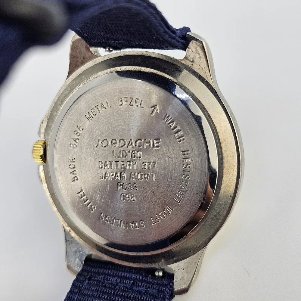 VTG Jordache Unisex‎ Watch 38MM Cream Dial DayDate NEW Blue Nylon Bands Battery